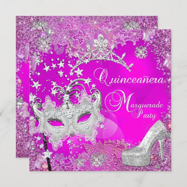 Convite Mascarada Quinceanera 15 do Partido Tiara Calçado (Frente/Verso)