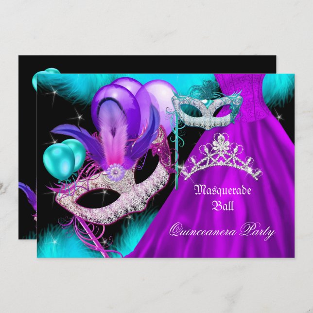 Convite Mascarada Quinceanera 15 Partido Teal Purple (Frente/Verso)