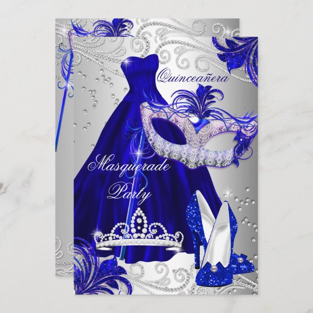 Convite Mascarada Quinceanera Blue Silver (Frente/Verso)