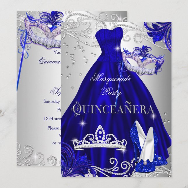 Convite Mascarada Quinceanera Blue Silver Heat (Frente/Verso)