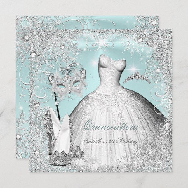 Convite Mascarada Quinceanera Mint Blue Silver Flocos de n (Frente/Verso)