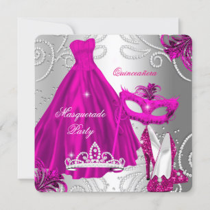 Convite Mascarada Quinceanera Party Pink Silver Vestido
