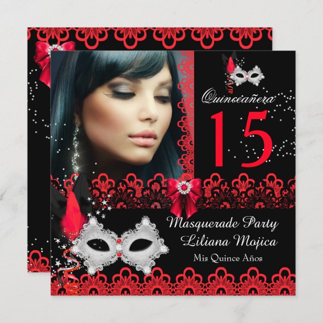 Convite Mascarada Quinceanera Party Red Lace (Frente/Verso)