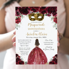 Convite Mascarada Quinceañera Rich Burgundy Red Floral