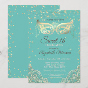 Convite Mascarada, Renda, Diamantes Verde Menta Sweet 16