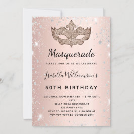 Convite Mascarada rosa dourado aniversário de cinzas prate
