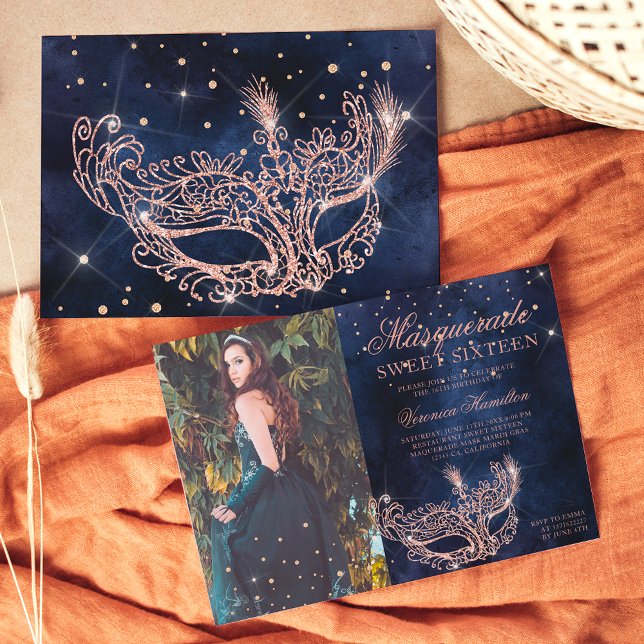 Convite Mascarada rosa dourado brilhante Doce 16 fotografi (Criador carregado)