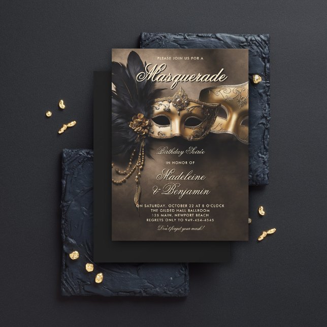 Convite Mascarada Soiree Casal Moody 50th Birthday (masquerade invitation couple soiree venetian masks birthday party moody black brown gold elegant)