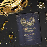 Convite Mascarada Sparkly Dourada Glitter Marinho Blue Swe<br><div class="desc">Este mascarada moderno e quic doce de dezesseis convites de aniversário é perfeito para a menina moderna e na moda. Ele apresenta uma máscara de mascarada brilhante de ouro cintilante desenhada por personalização sobre um fundo de sonho azul marinho e um confete brilhante. É elegante, glamouroso, feminino, e moda; a...</div>