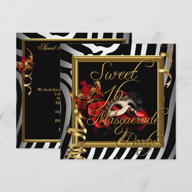 Convite Mascarada Sweet 16 Sweet Sixteen Zebra Vermelho (Frente/Verso)