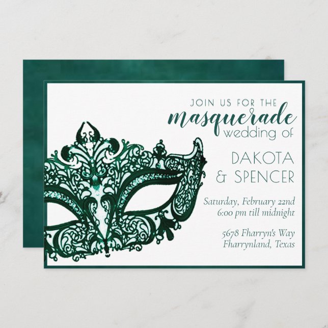 Convite Mascarada Verde | Casamento Dark Emerald Mardi Gra (Frente/Verso)