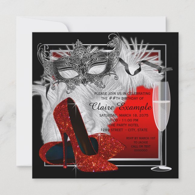 Convite Mascarada Vermelha e Festa de aniversário Negra (Frente)