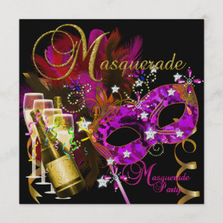 Convite Máscaras de Festa à Fantasia Preto Dourado Rosa