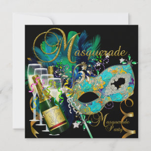 Convite Máscaras de Festa de Mascarada Preto Dourado Teal