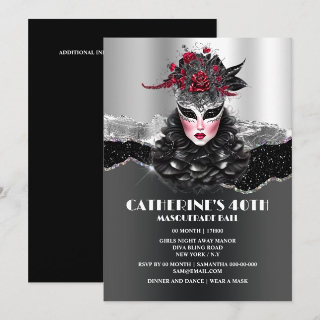 Convite Máscaras de glam elegantes para o aniversário das  (Frente/Verso)