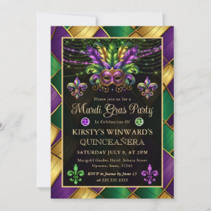 Convite Máscaras de Mardi Gras Quinceanera