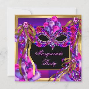 Convite Máscaras de Mascarada Rosa Roxo Azul Aniversário