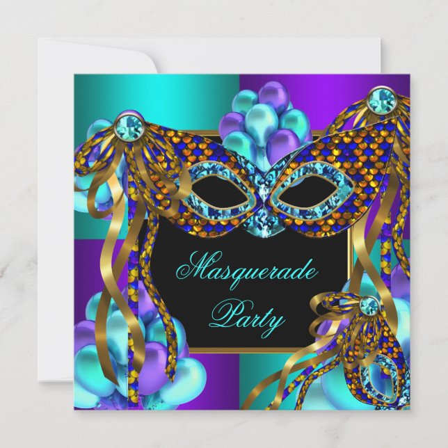 Convite Máscaras de Mascarada Roxo Azul Turquesa Aniversár (Frente)