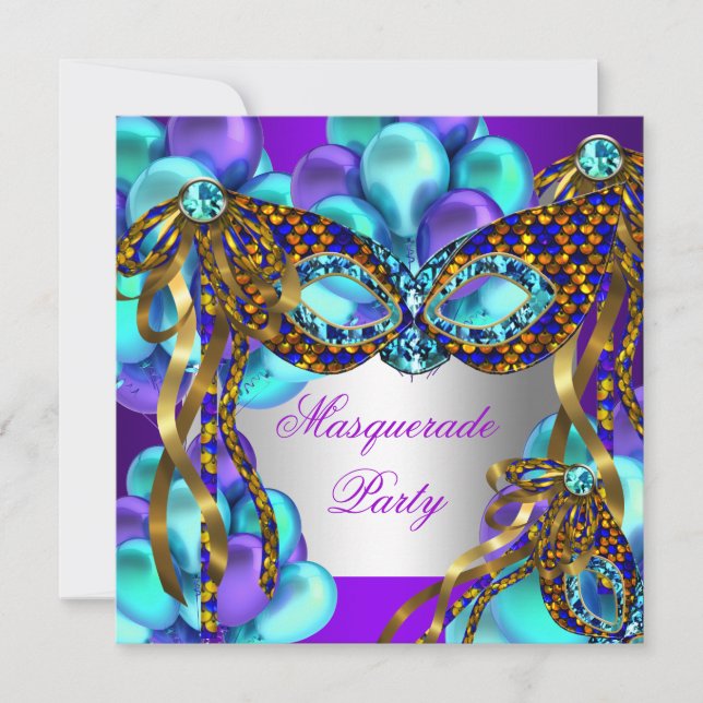 Convite Máscaras de Mascarada Roxo Azul Turquesa Festa de  (Frente)
