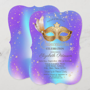 Convite Máscaras Estrelas Holográficas Quinceañera