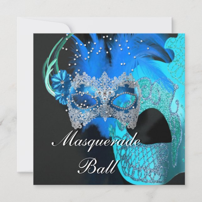 Convite Máscaras Pretas Azul Turquesa Baile de Máscaras Fe (Frente)