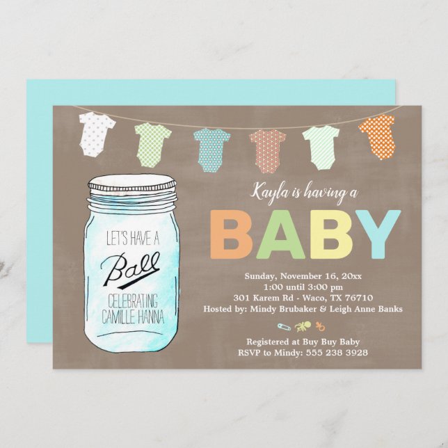 Convite Mason Jar Baby Shower Invants (Frente/Verso)