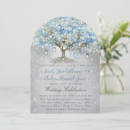 Convite Mason Jar Blue Silver Heart Leaf Tree Fairy Lights