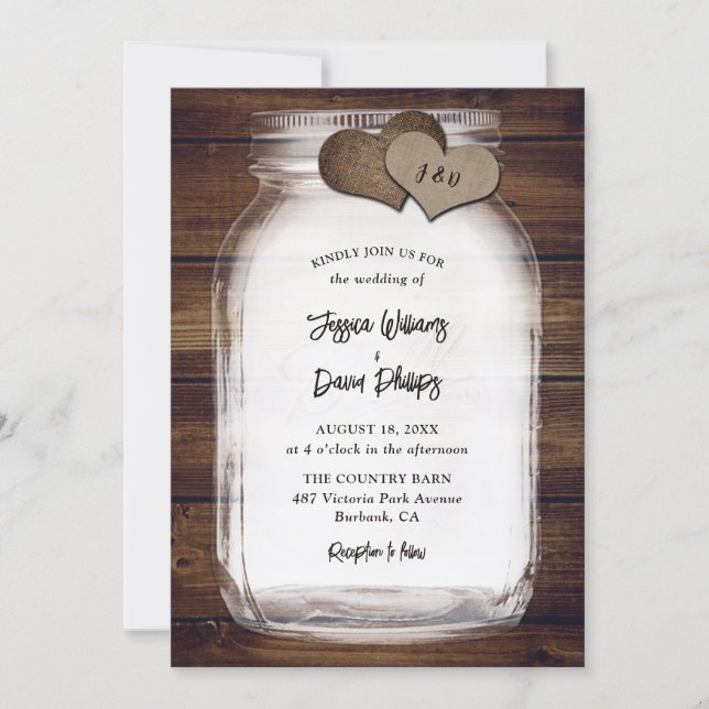 Convite Mason Jar Burlap Hearts Rustic Wood Wedding (Frente)
