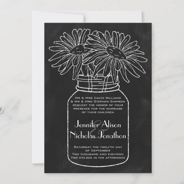Convite Mason Jar com Daisies no Casamento Chalkboard (Frente)