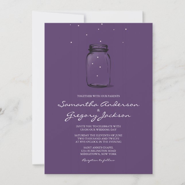Convite Mason Jar com Fireflies Invitation Purple (Frente)