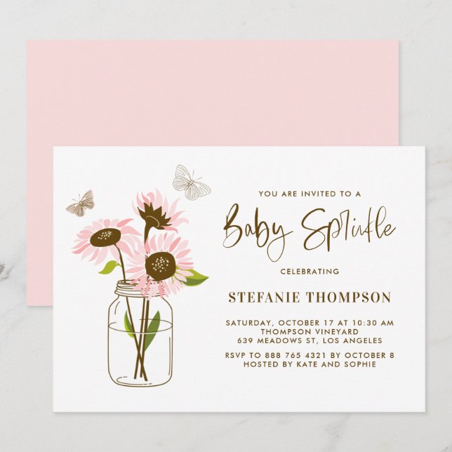 Convite Mason Jar com girassóis cor-de-rosa (Frente/Verso)