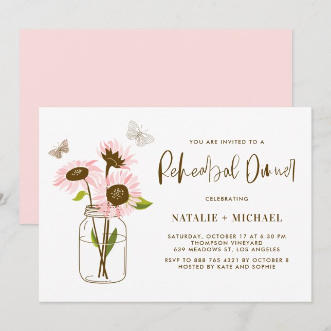 Convite Mason Jar com Janto de ensaio de girassóis rosa (Frente/Verso)