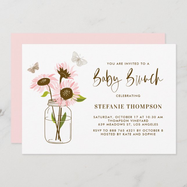 Convite Mason Jar com Sunflower Baby Brunch rosa (Frente/Verso)