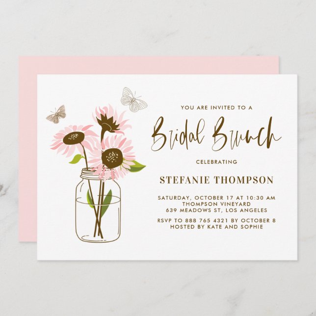 Convite Mason Jar com Sunflower Bridal Brunch rosa (Frente/Verso)