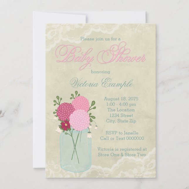 Convite Mason Jar e Lace Chá de fraldas (Frente)