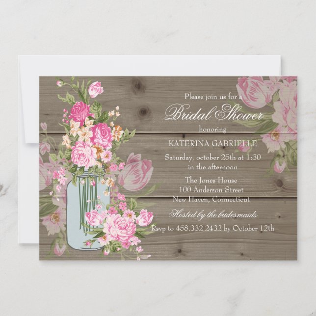 Convite Mason Jar e Rustic Wood Chá de panela Invite (Frente)