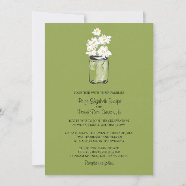 Convite Mason Jar e White Daisies | Casamento Verde (Frente)