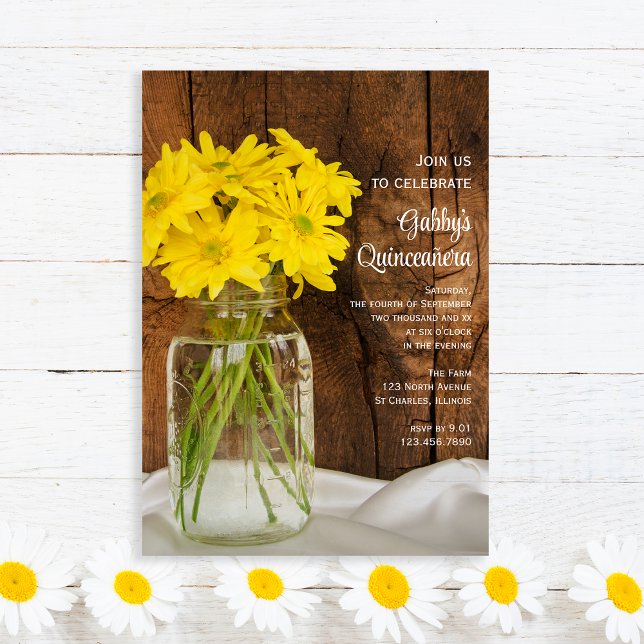 Convite Mason Jar e Yellow Daisies Quinceañera (Criador carregado)