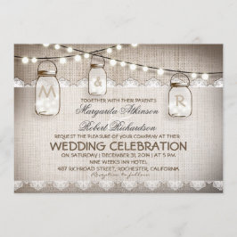Convite Mason Jar Lights - Burlap Lace Rustic Wed