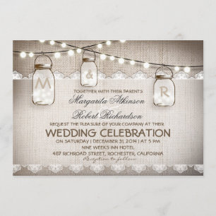 Convite Mason Jar Lights - Burlap Lace Rustic Wed