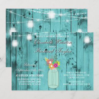 Convite Mason Jar Lights Wood Casal Chá de casamento