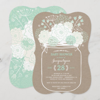 Convite Mason Jar Mint Blooms Chá de fraldas Kraft Convida