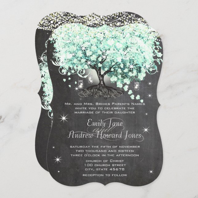 Convite Mason Jar Mint Chalkboard Heart Leaf Tree Invitati (Frente/Verso)