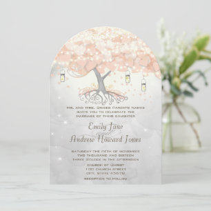 Convite Mason Jar Peachy Pink Heart Leaf Tree Wedding Invi