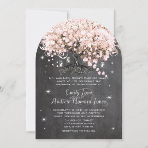 Convite Mason Jar Pink Chalkboard Heart Leaf Tree