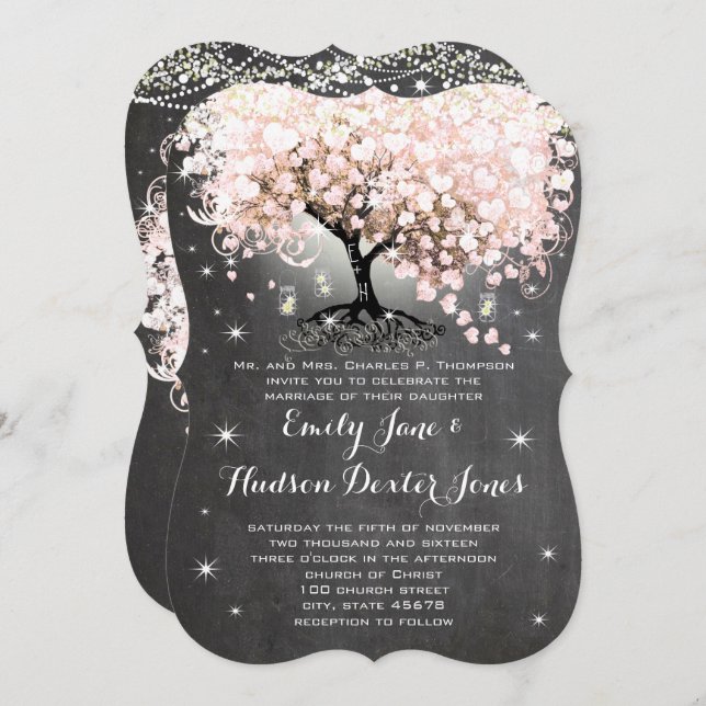 Convite Mason Jar Pink Chalkboard Heart Leaf Tree (Frente/Verso)