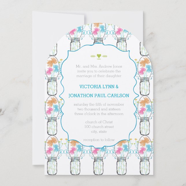 Convite Mason Jar Pink Coral Limão Aqua Casamento Floral (Frente)
