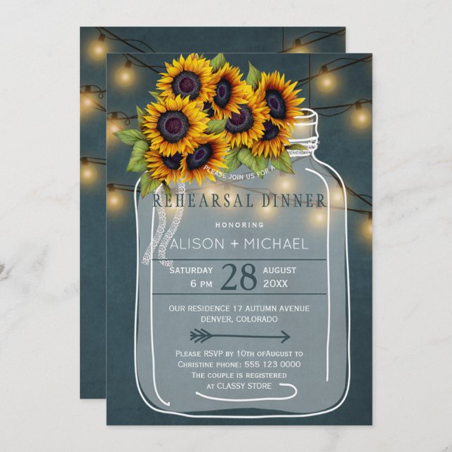 Convite Mason jar russo com janto de ensaio de girassóis (Frente/Verso)