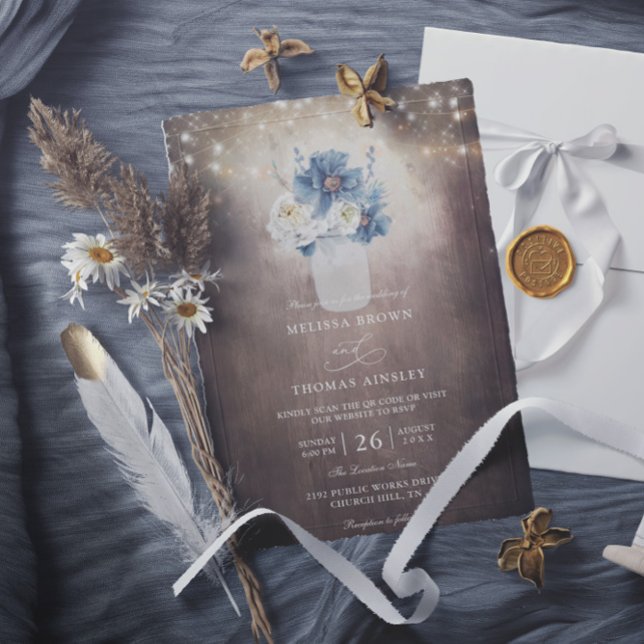 Convite Mason Jar Rustic Country Budget QR Code Wedding (Criador carregado)