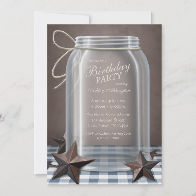 Convite Mason Jar Rustic Stars Blue Gingham Festa de anive (Frente)